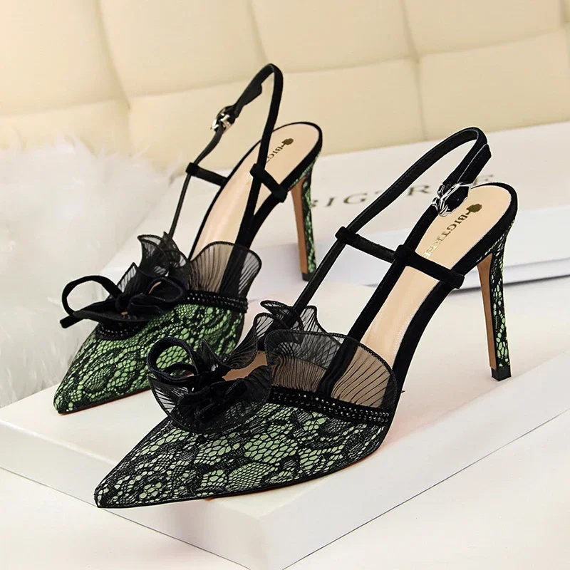 Fashion Women Sandals Mesh Rhinestone Lace Hollow Kitten Pumps Stilettos Summer 313-5Thin High Heel Single Shoes Grace Slippers