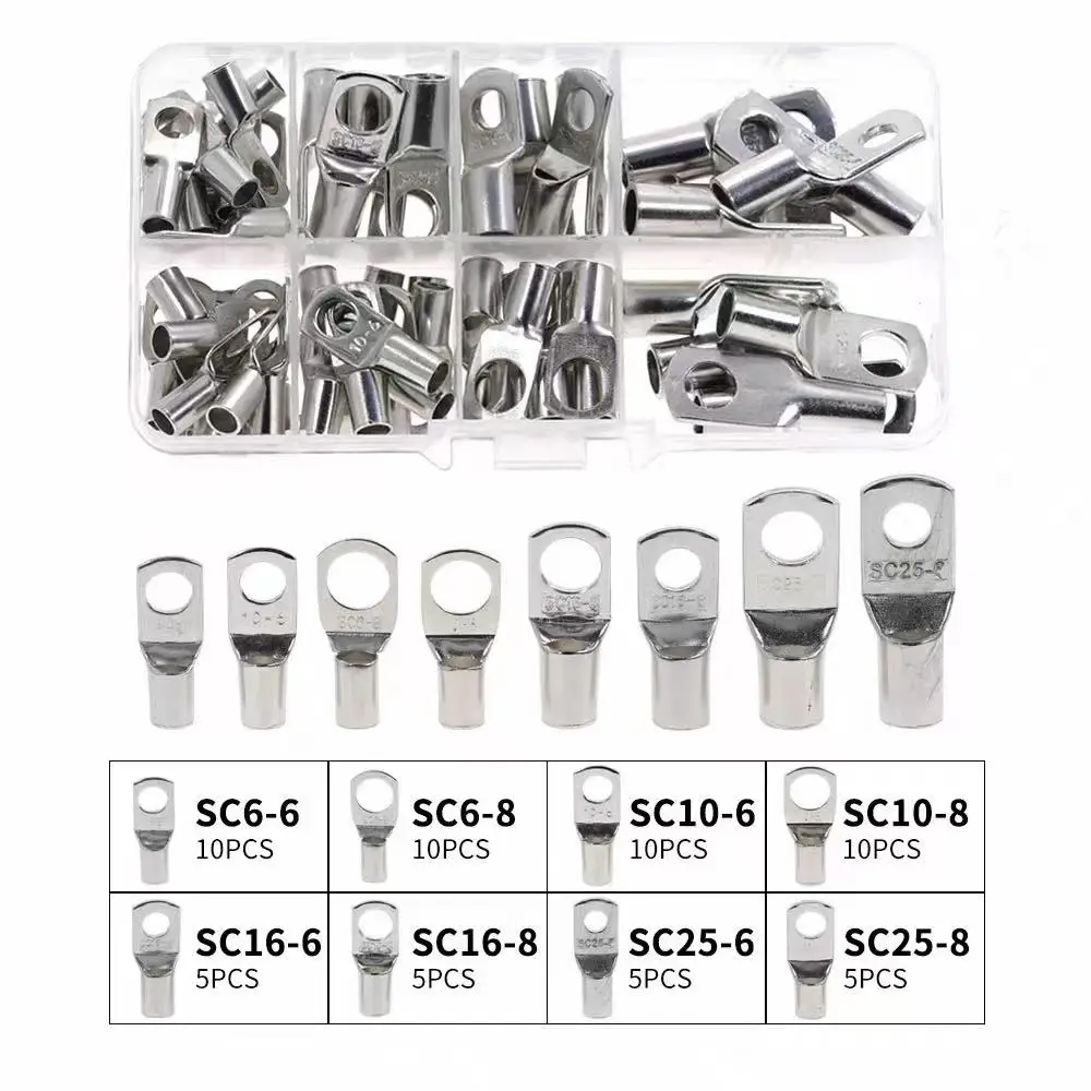 

60PCS SC Series Open Barrel Copper Wire Cable Lugs Assortment Kit, SC6 to SC25 Electrical Crimp Terminal Connectors Boxed Set