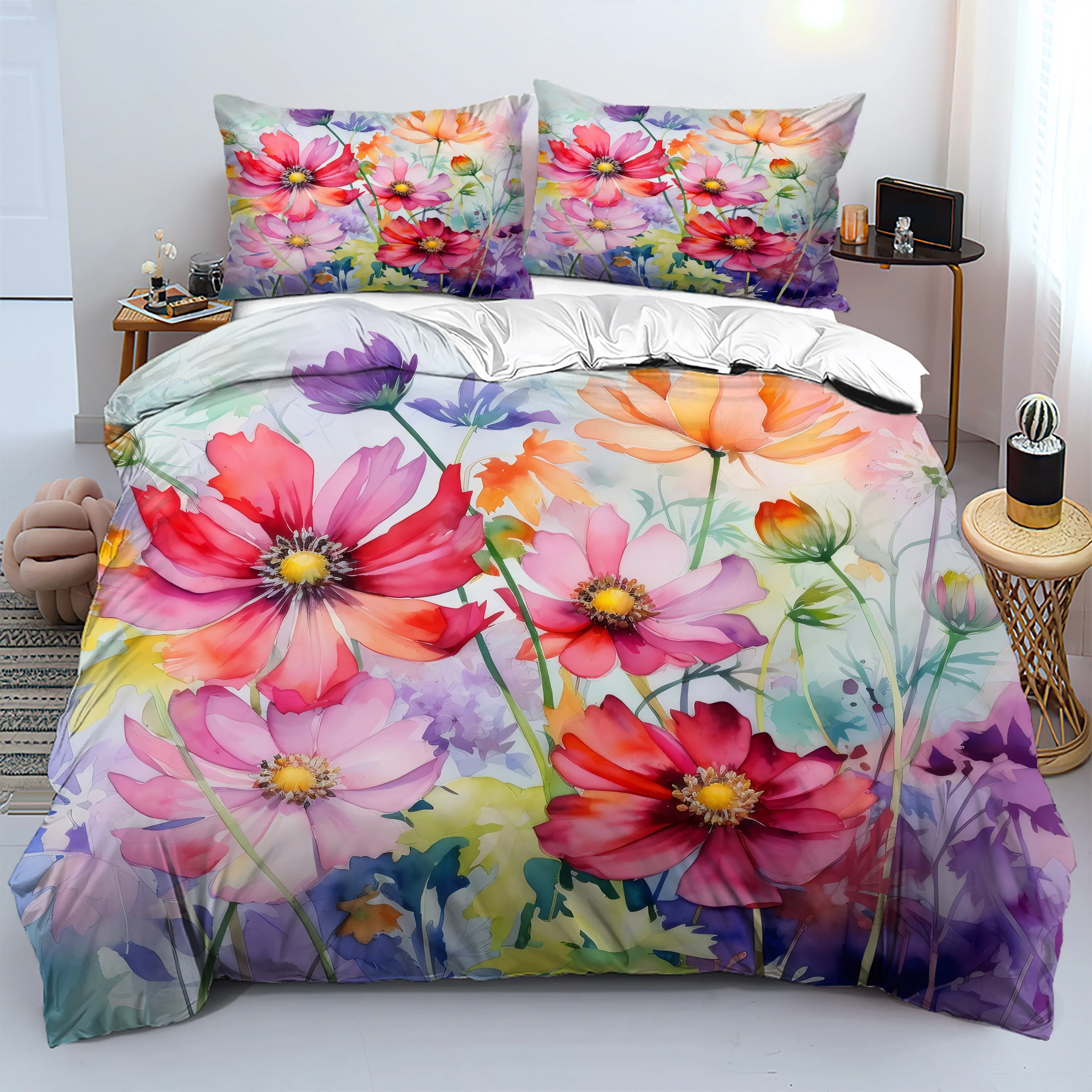 Watercolor flower 3D Printed Quilt Cover set Fresh Rustic Natural Style Duvet Cover set Soft Comfortable Bedding Set Pillowcases