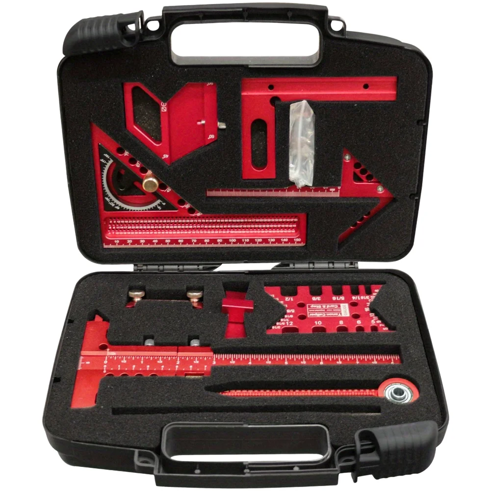 Red Aluminum Alloy Woodworking Measuring Tool Kit 10 Piece Set With Storage For Accurate Layout Marking And Project Planning