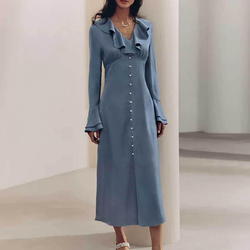 الخريف الفرنسية الأزرق فستان ستان الراقية كشكش حافة متوسطة وطويلة الخصر القرن كم تنورة على شكل حرف A