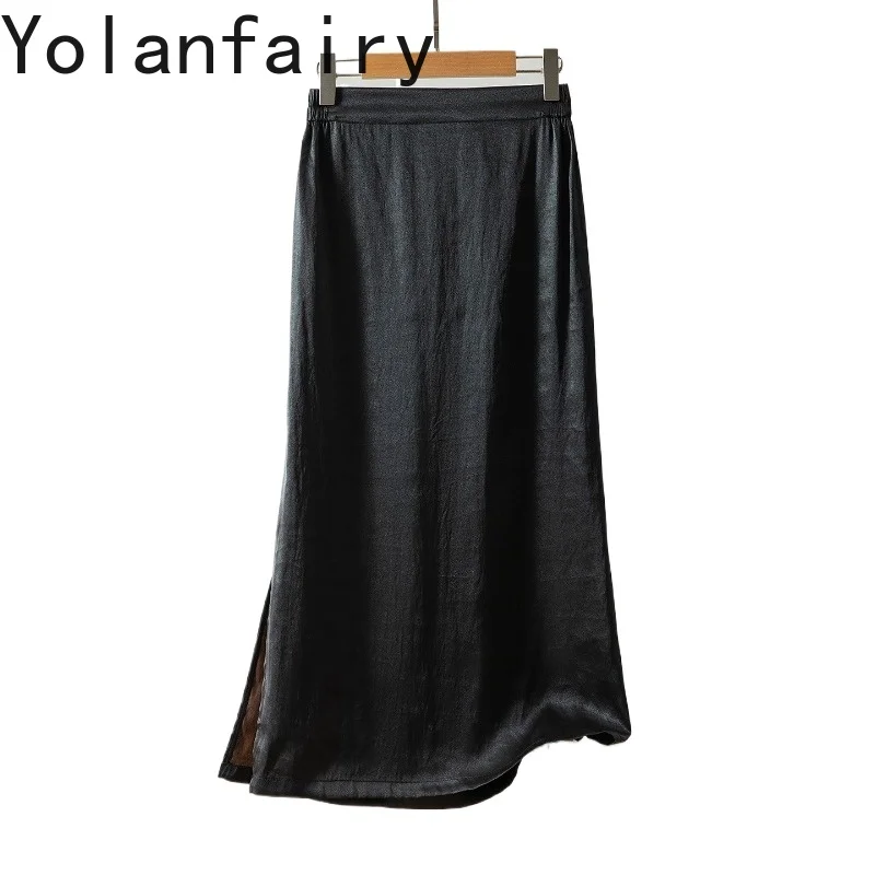 

YOLANFAIRY 100% натуральные шелковые юбки из тутового шелкопряда для женщин, элегантная длинная модная юбка из натуральной шелковой марли с разрезом, черная юбка с эластичной талией