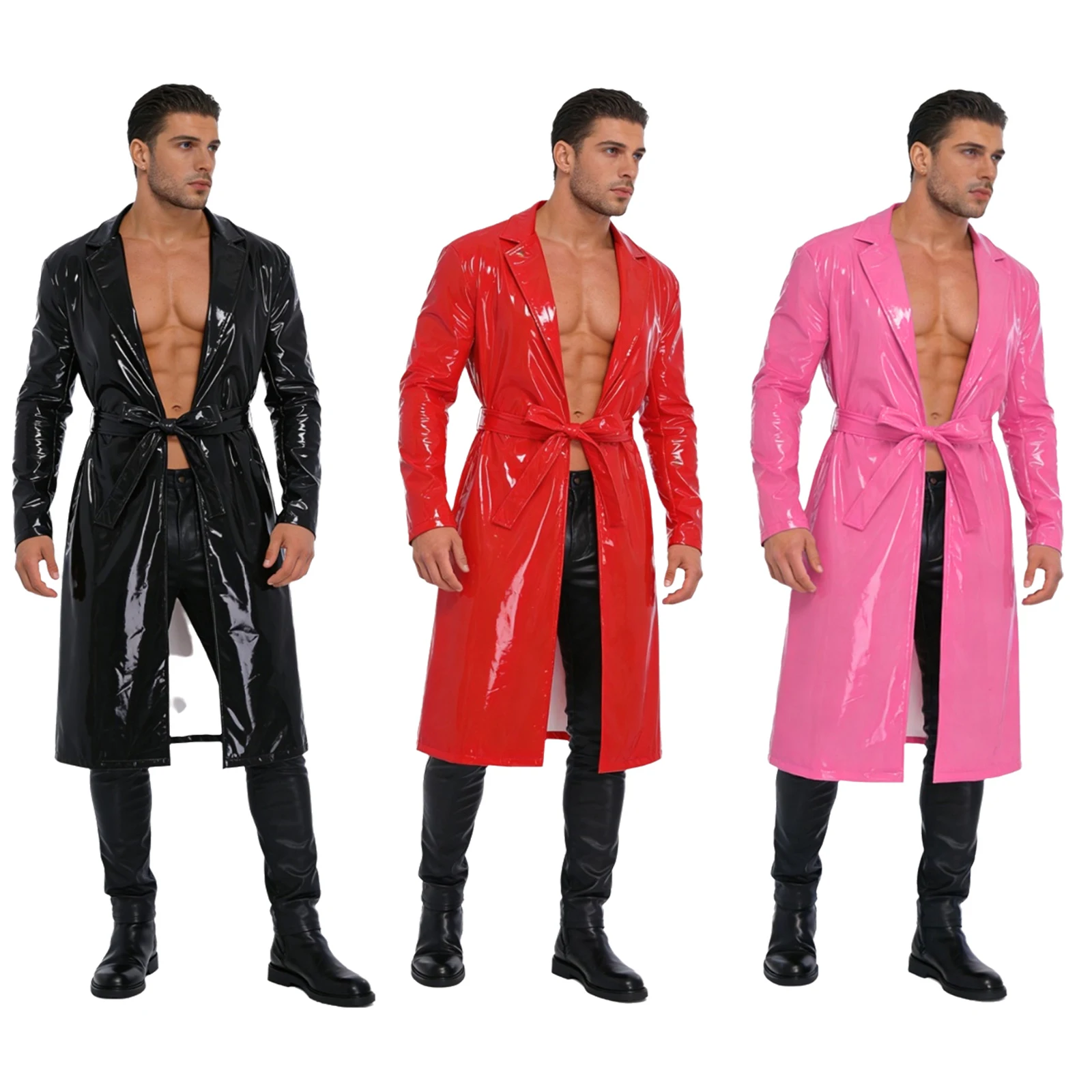 

Mens Faux Leather Trench Jacket Wet Look Lapel Collar Open Front Long Jacket with Belt PU Leather Blazer Overcoat Outerwear