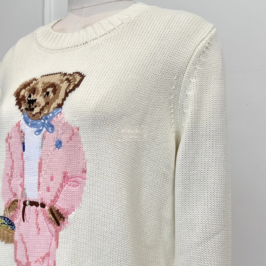 

Пуловер женский черный/серый свитер с длинными рукавами и принтом медведя, 3 цвета, 2026, осень-зима