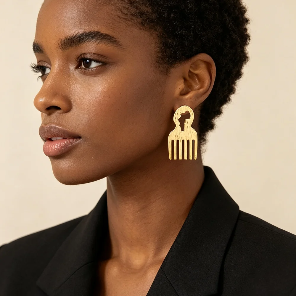 18K vergoldetes afrikanisches Kamm-Ohrringe- & Ring-Set für Damen, gebürsteter, strukturierter ethnischer Statement-Schmuck, Hochzeitsgeschenk – Detail 5