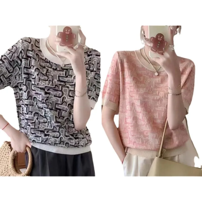 تي شيرت نسائي حرير جليدي غير رسمي ، ملابس تريك برقبة مستديرة ، أكمام قصيرة ، موضة صيفية ، جديدة