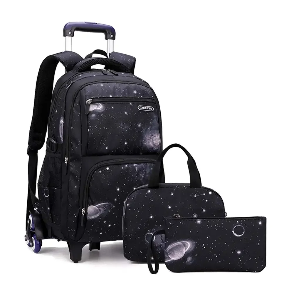 New Rolling Backpacks Luggage Wheeled Kids Trolley School Bags for Boys Mochilas Space Starry Sky Printed Bookbag with Lunch Bag