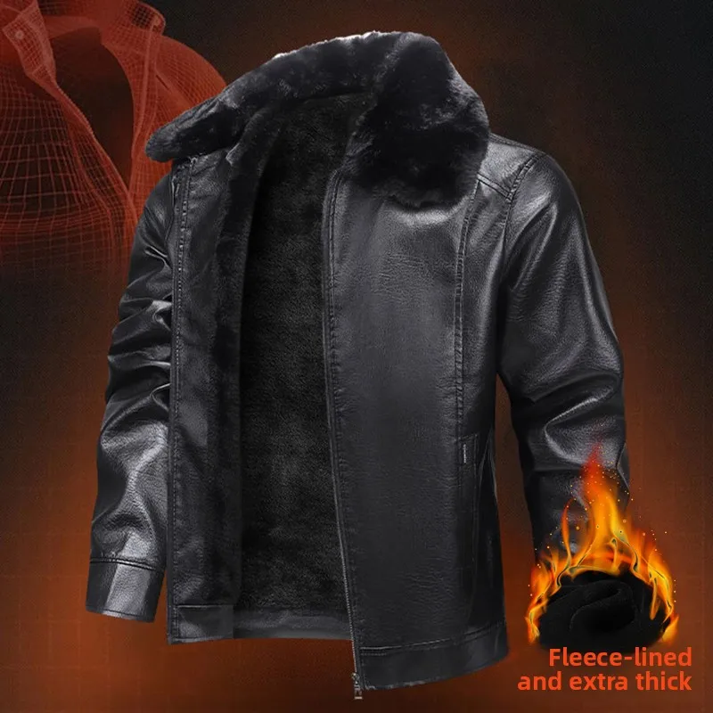 

Thiened Fce Lined PU Leather Jaet Men's Winter Windproof Coat with Fur Collar Dad Sle Regular Length Five Sve