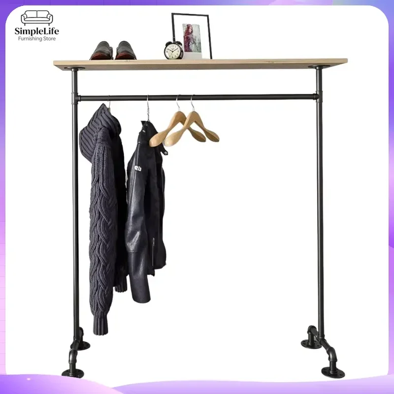 Industrial Coat Rack with Wooden Top Metal Legs Modern Freestanding Clothes Hanger Stand for Bedroom Entryway Hall Living