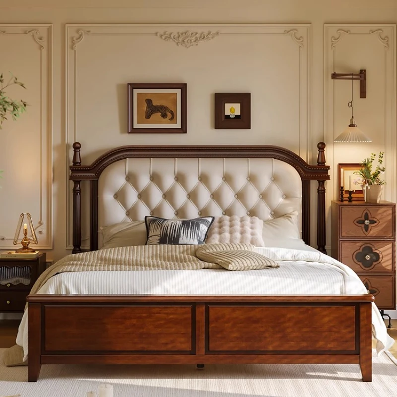 

American retro all solid wood light luxury master bedroom bed simple 1.8 meters French walnut color leather soft bag bed