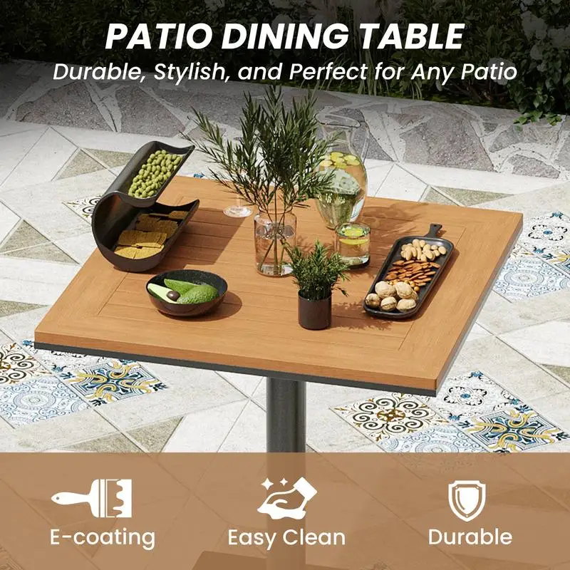 طاولة طعام خارجية مربعة من الخشب البلاستيكي لسطح الحديقة في الفناء الخلفي بجانب حمام السباحة