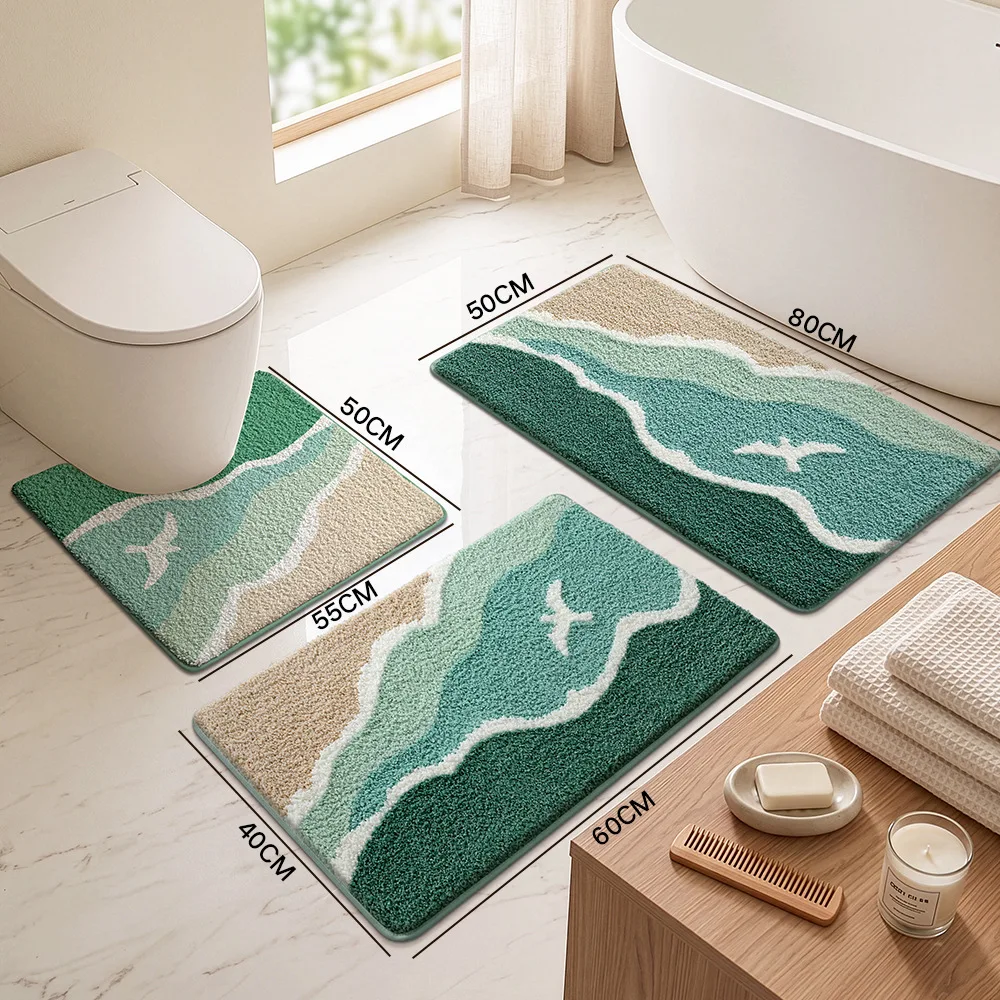 Ocean Style Tufted Mat, U Shape Toilet Rug, Flock Bathroom Floor Carpet, Entrance Floor Mat, Absorbent Dirt Resistant Bath Mats