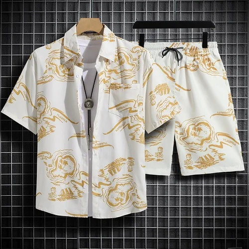 Men's Short Sleeved Floral Shirt Beach Vacation Outfit Coastal Travel Clothing Warwick Style Thai Couple Casual Collar Shirt Set