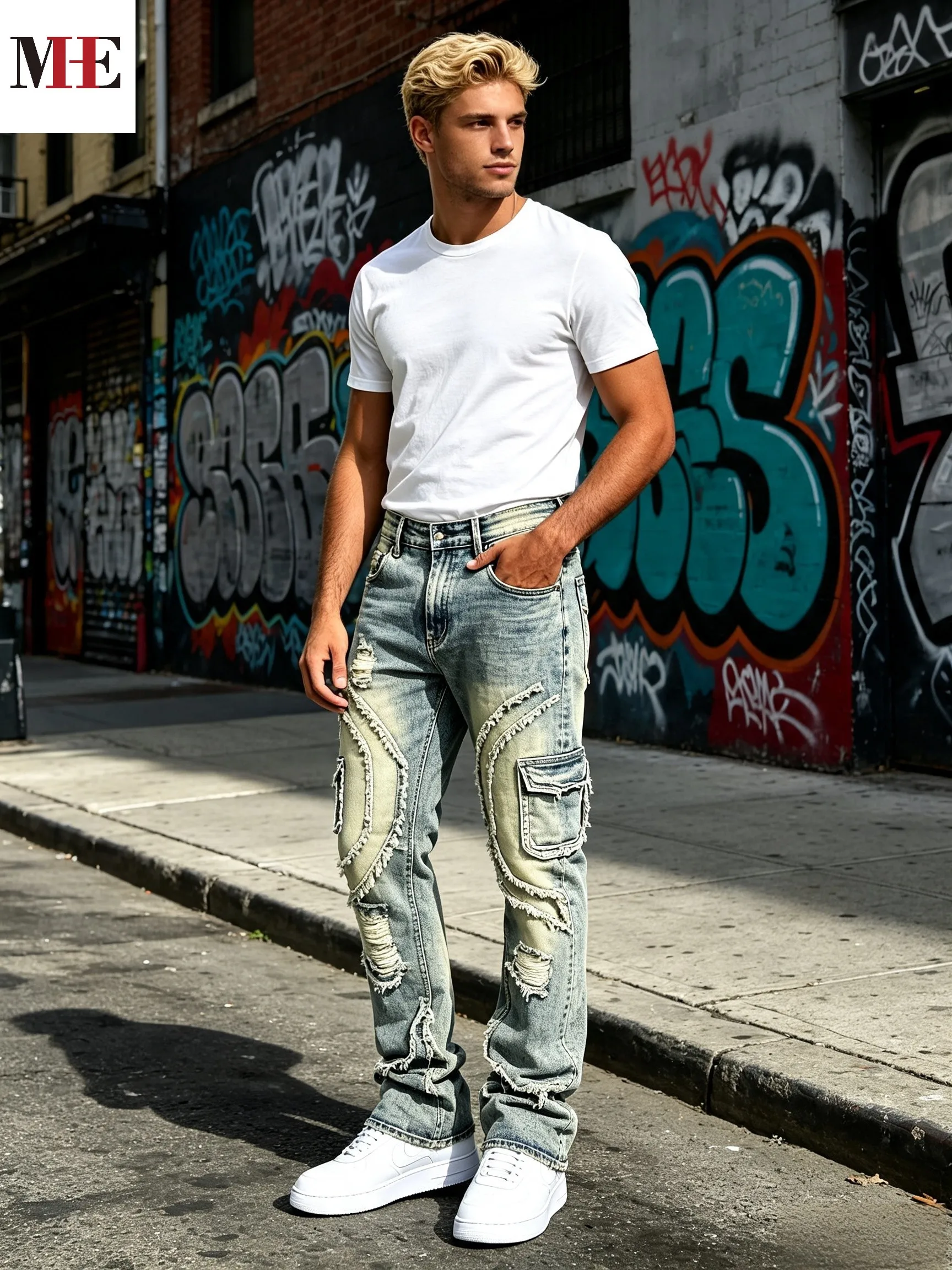 HME Men's Vintage Denim Pants, Stacked Ripped Flared Jeans with Layered Frayed Stitching