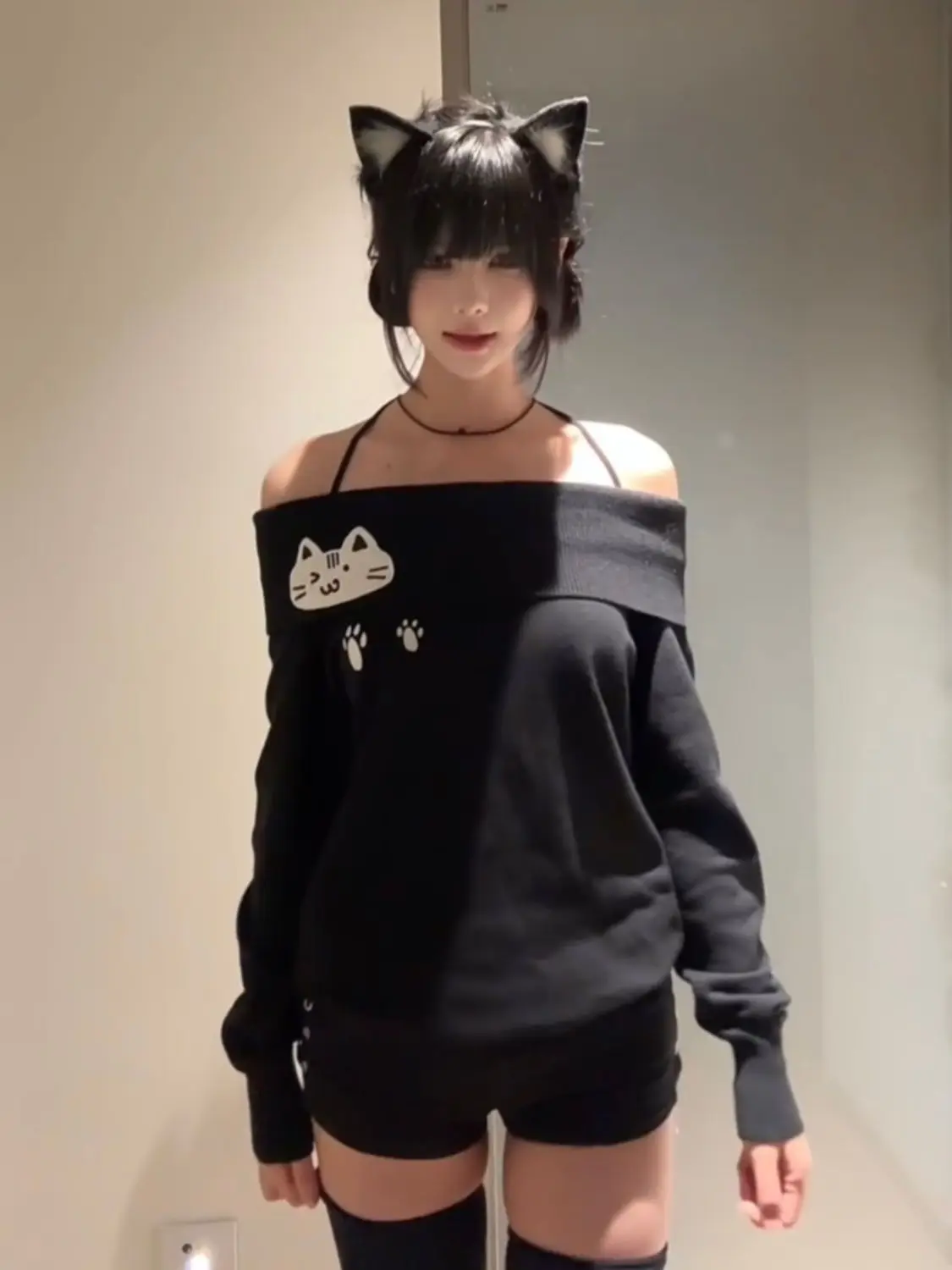 Autunno gotico vintage elegante Sweatershit donna Y2k slash neck stampa cartoon design top femminile sexy retrò abiti popolari coreani