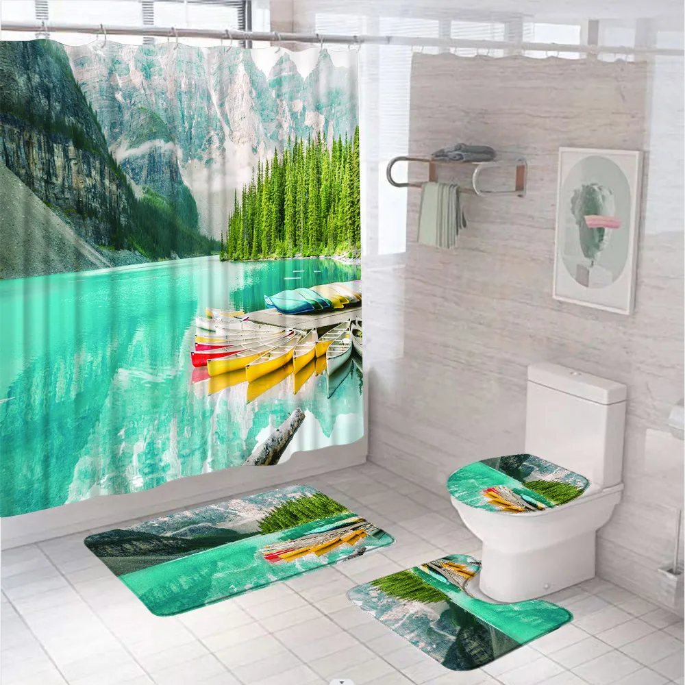 

Mountain Landscape Shower Curtain Set For Bathroom Decor Natural Blue Lake Boat Forest Screen With Bath Mat Toilet Lid Cover Rug