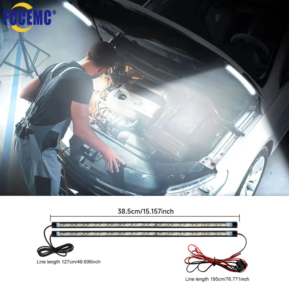 1set LED Car Under Hood Work Inspection Light Kit Waterproof 12V White LED Strip Light Bars Car Hood Lighting Fits Any Vehicle