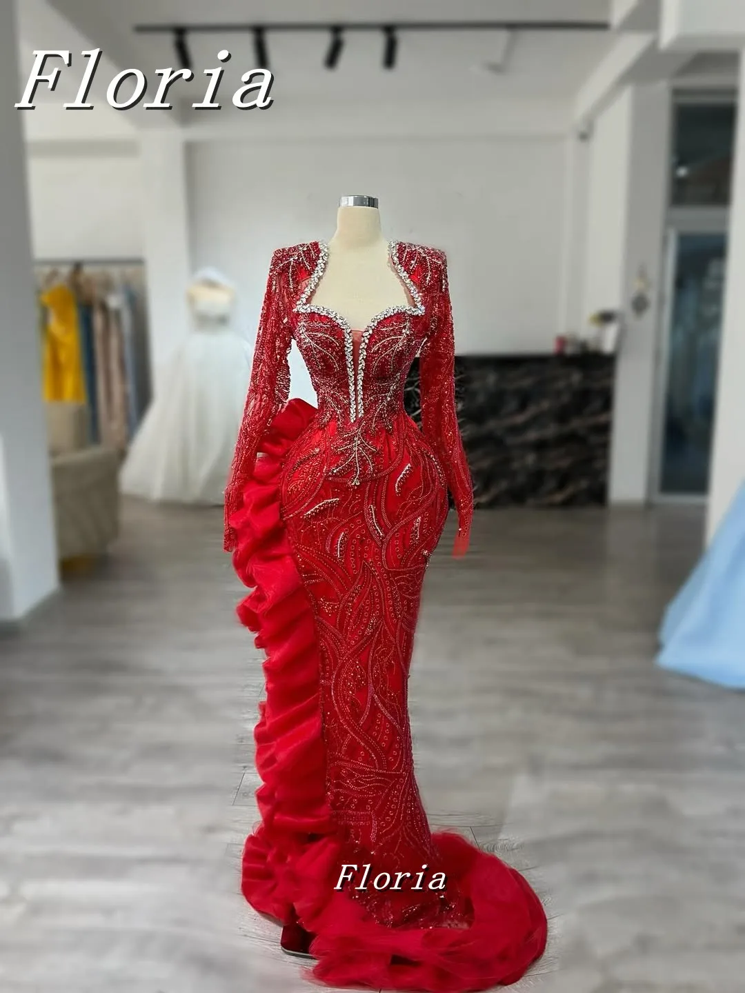 

Роскошное вечернее платье с длинными рукавами и бисером, с V-образным вырезом, платье для выпускного вечера с цветочным принтом и оборками, вечернее платье русалки, вечернее платье с скользящим полом, по индивидуальному заказу