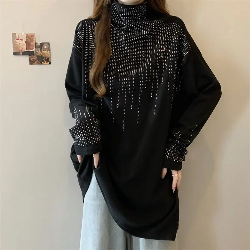 Women\'s Clothing Autumn Winter Korean Fashion Rhinestone Thick Warm Basic T-shirts High Collar Black Oversized Long Sleeve Tops