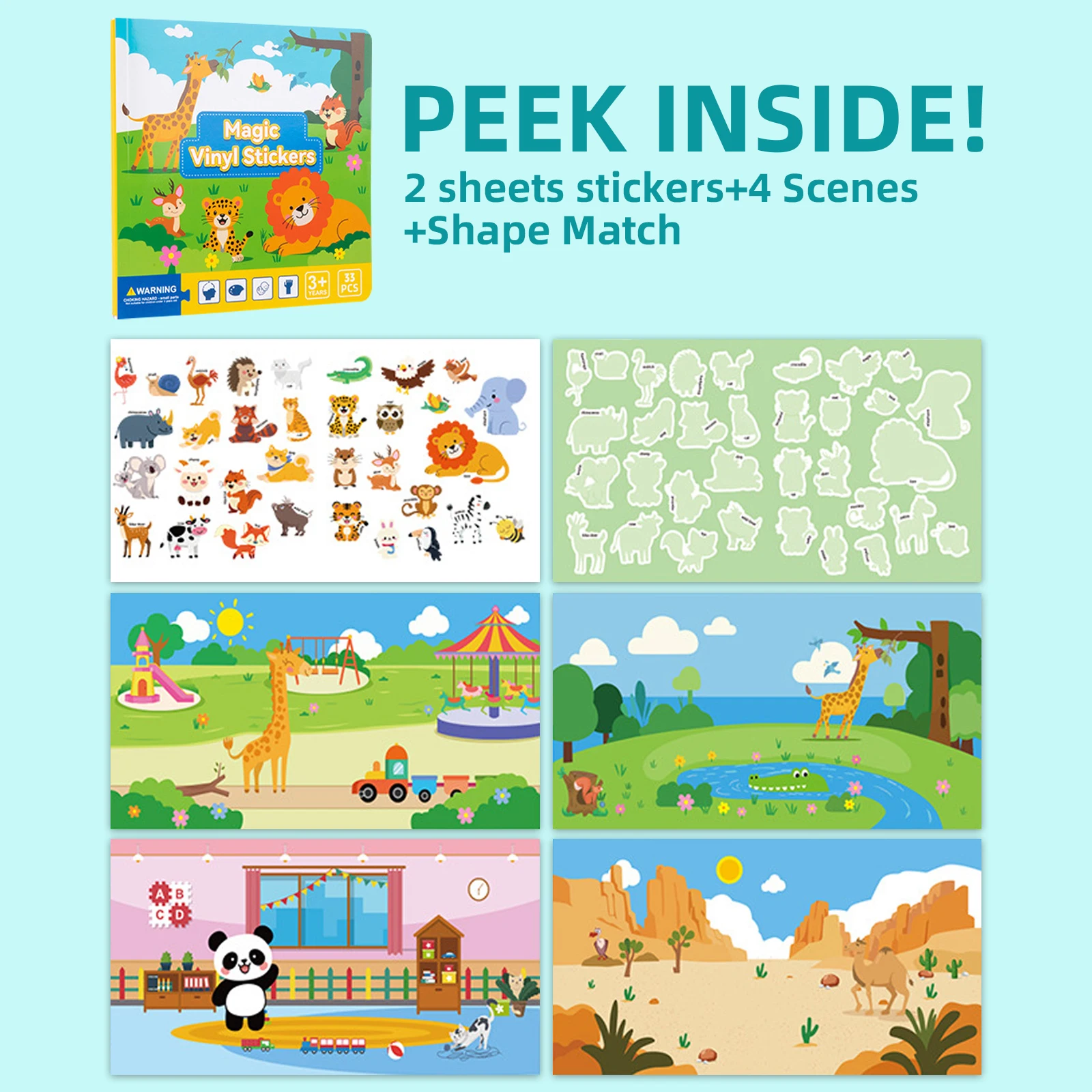 4 Scenes In 1 Sticker Book Activity for Kids Toddler Airplane Travel Essentials Wildlife Ocean Vechile Dinosaur Reusable Sticker