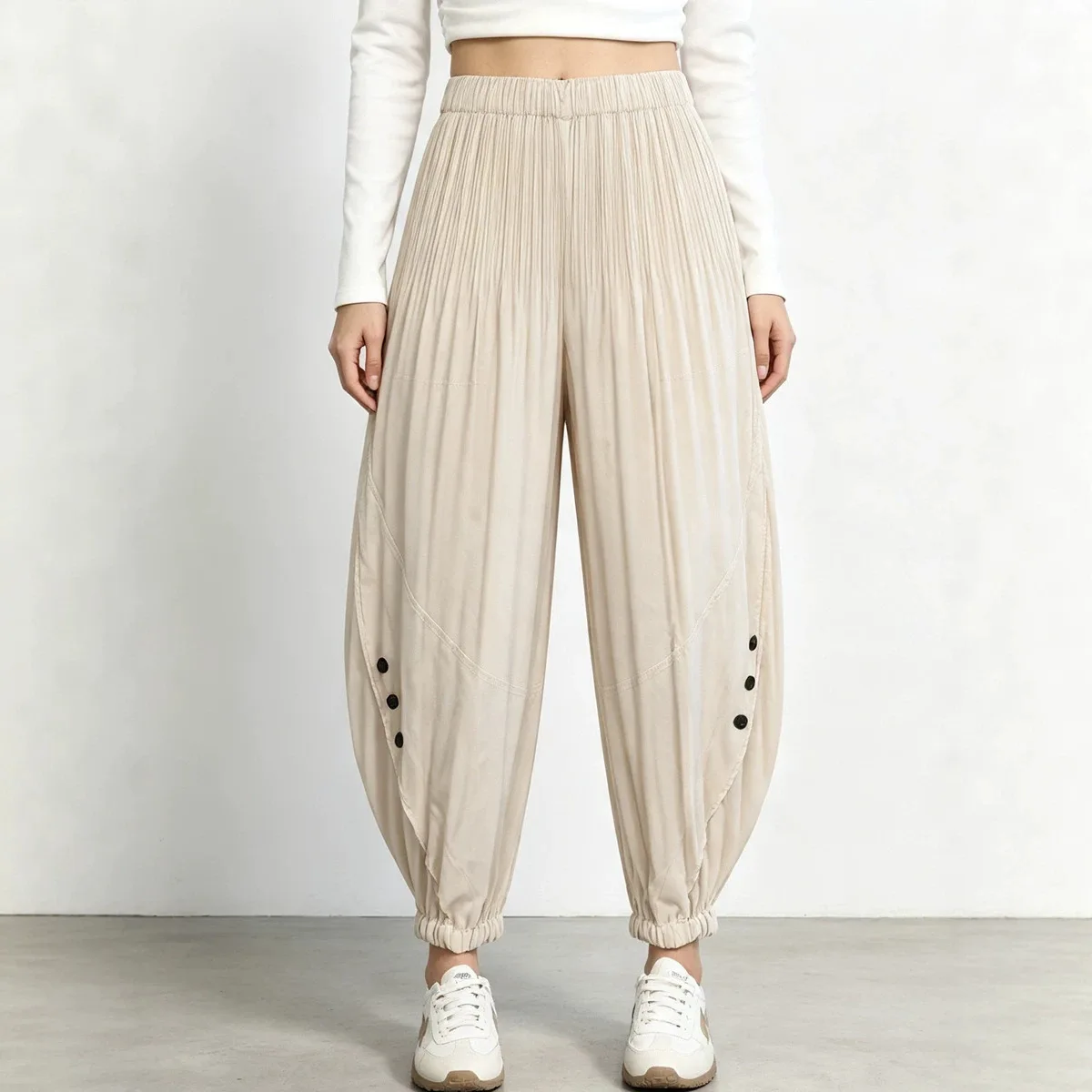 Miyake Pleated Quality Harem Pants for Women with Elastic Waist and Buttoned Design Bloomers Casual Slimming Wide-leg Pants