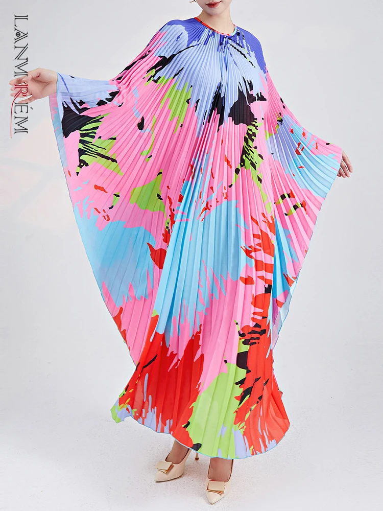 

Платье LANMREM женское Плиссированное с круглым вырезом, дизайнерское праздничное, с рукавами «летучая мышь», с принтом, лето 2024