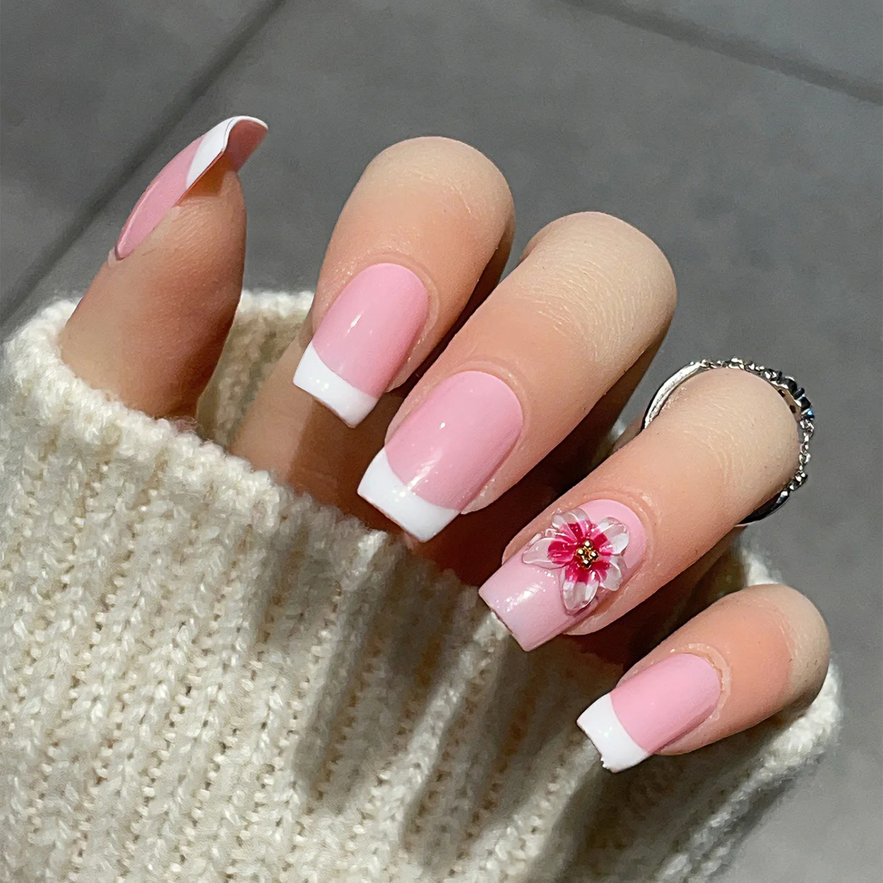 10pcs Medium Square Handmade Press On Nails Kit, Purple Pink Fake Nails, Elegant Wearable Nail Art, Carved Flowers