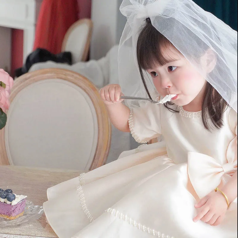 Children Cute Bow Beading Design Birthday Baptism Princess Ball Gown Girls Wedding Performance Dress g445
