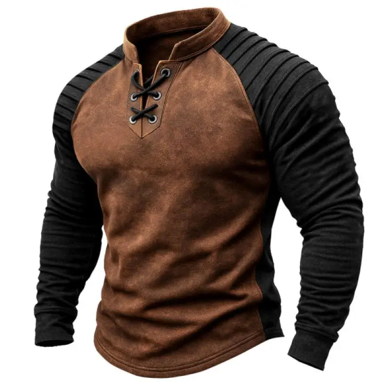 Mens Cowboy Style T-Shirt Vintage Western Design Suede Color Block Lace Up Stand Collar Raglan Sleeve Long Sleeve