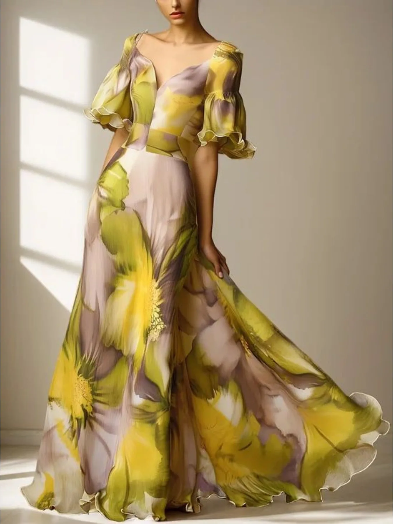 Damen Maxikleid aus Chiffon mit Blumenmuster, tiefem V-Ausschnitt, Rüschen und kurzen Ärmeln, langes Kleid, elegantes Abendkleid für Hochzeitsgäste, formelles Kleid für Partys ﻿