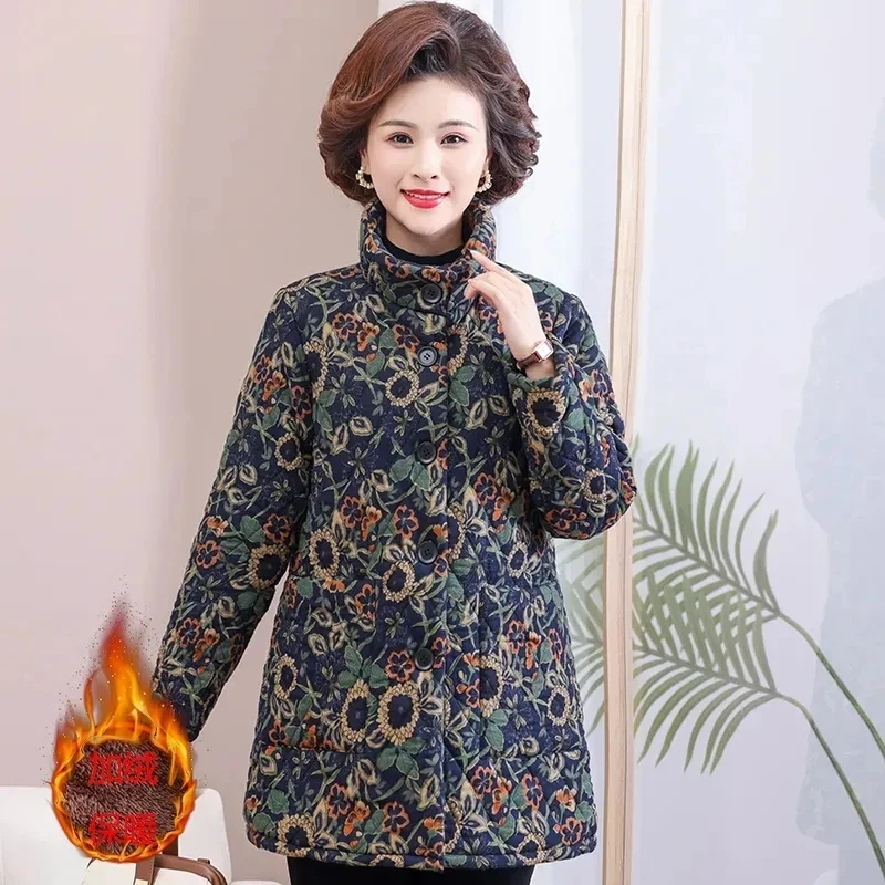 Middle Aged Elderly Women's Cotton Coat Adding Velvet Thicken Cotton inen Printed Jacket 2024 New Autumn Wintercoat Parker