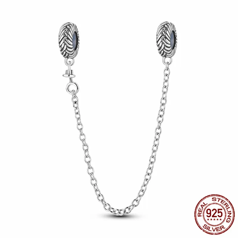 

925 Sterling Silver Woven Pattern Safety Chain Charm Bead, perfect for pairing with original bracelets. Women's DIY jewelry.