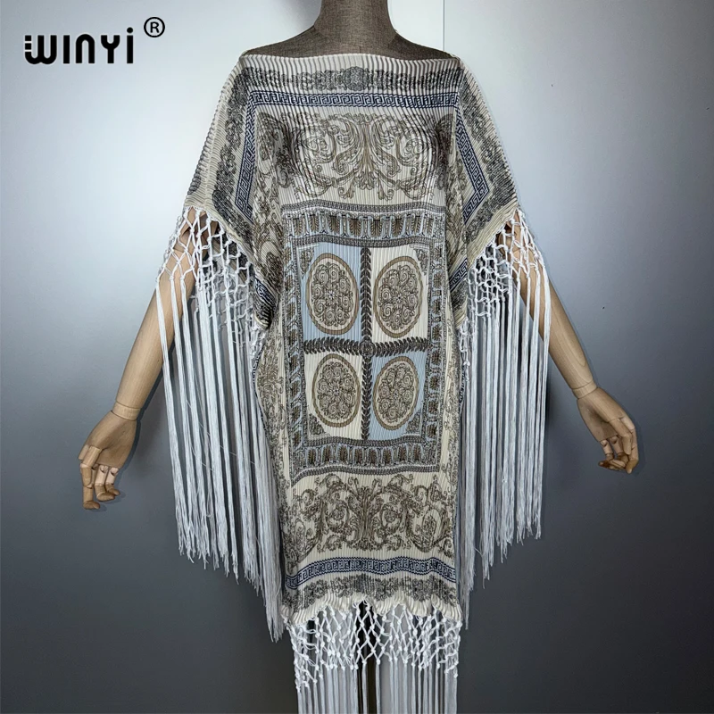 WINYI, vestido plisado de verano con flecos, caftán arrugado a la moda para mujer, bata bohemia holgada para vacaciones, vestido de noche elegante abaya de lujo de Dubái