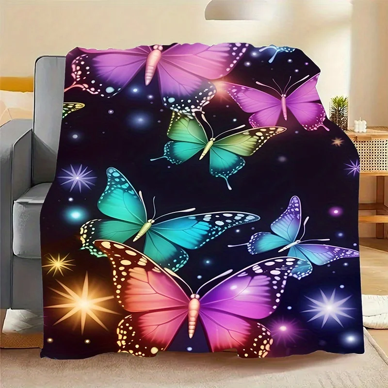 Vibrant Rainbow Glow-in-the-Dark Butterfly Starry Night Flannel Throw Blanket , Warm, and Stylish All-Season Gift for Sofa, Bed