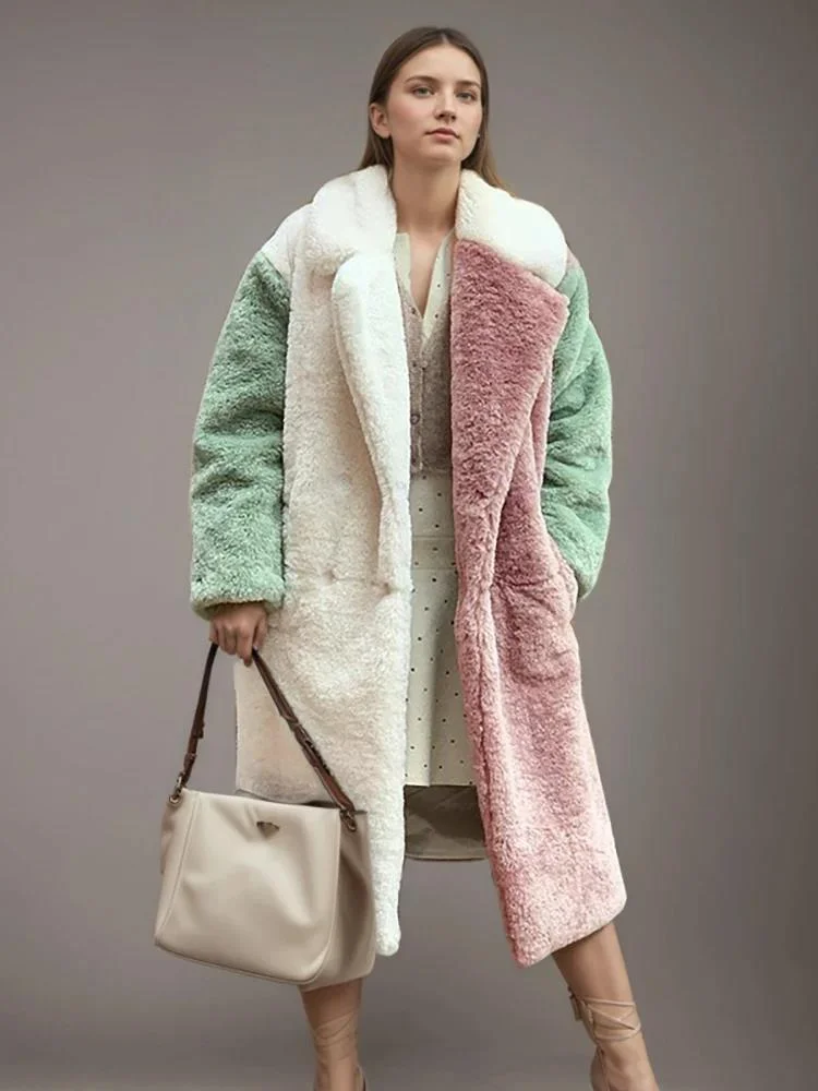 Fashion Contrast Color Faux Fur Coat Women's Lapel Loose Long Sleeves Plush Thick Overcoat Winte 7FEV view 2