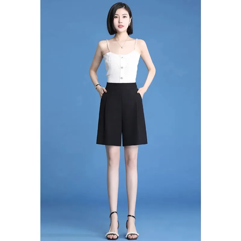 

Women High Waist Solid Wide Leg Cropped Pants Loose Straight Knee Length Summer Casual Black Trousers