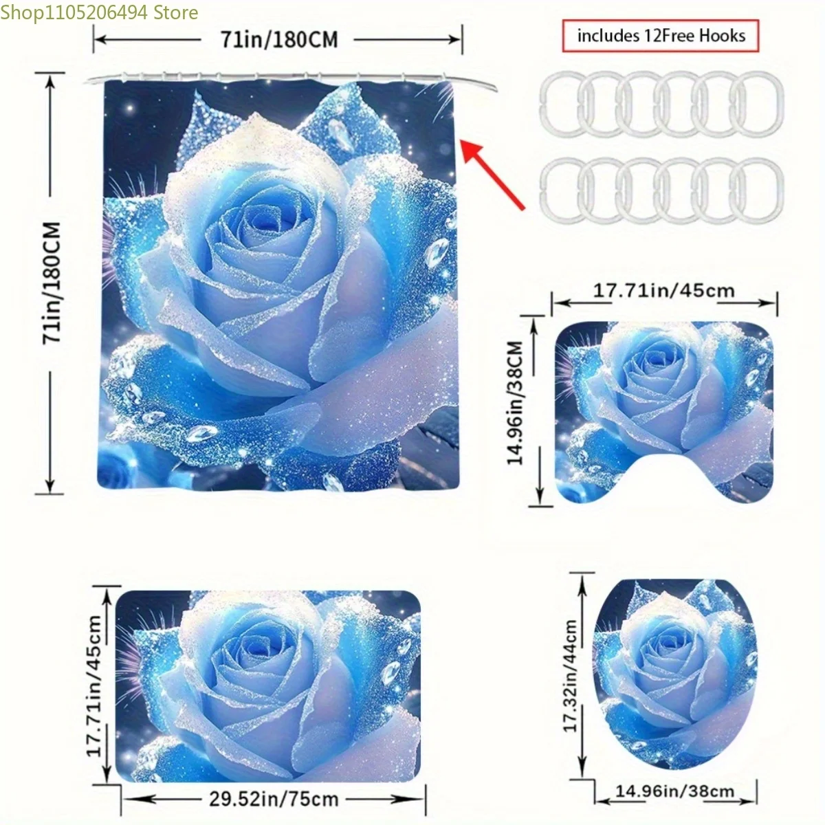 

1/3/4pcs. Elegant Blue Rose Art-Inspired Shower Curtain & Non-Slip Bathroom Mat Set - Polyester Design with Sparkling Roses, P