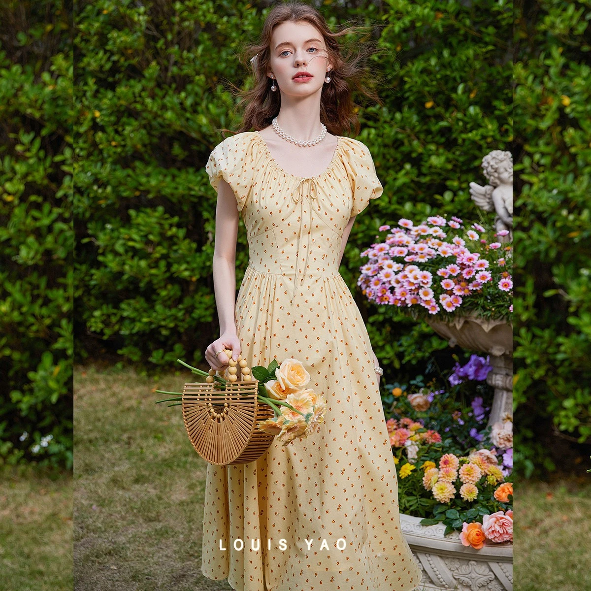 

LOUIS YAO Vintage Floral Print Maxi Dress Women 2026 Summer Slim Raglan Bubble Sleeve Self Tie Waist Elegant Long Dresses