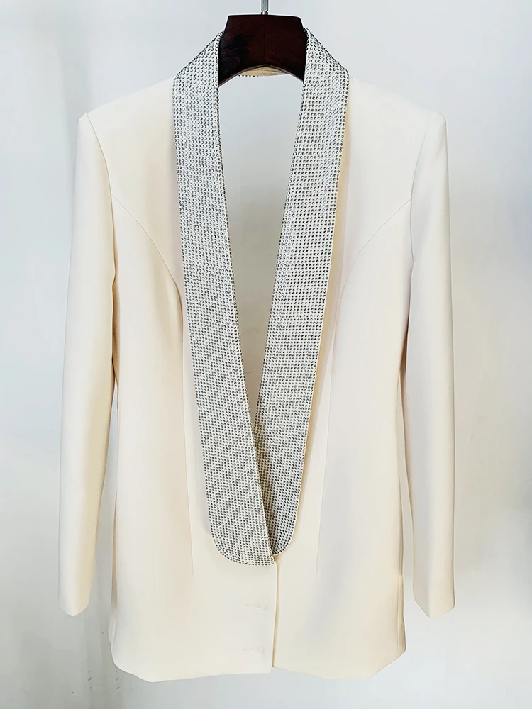 Veste de créateur dos nu pour femme, blazer long, col châle, diamants perlés, HIGH Calls ALITY, nouvelle mode, 2024