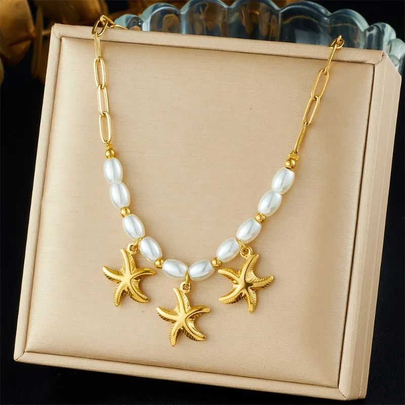 

Minar Trendy Imitation Pearl Beads Star Pendant Necklaces for Women Titanium Steel 18K Gold PVD Plated Hollow Link Chain Choker