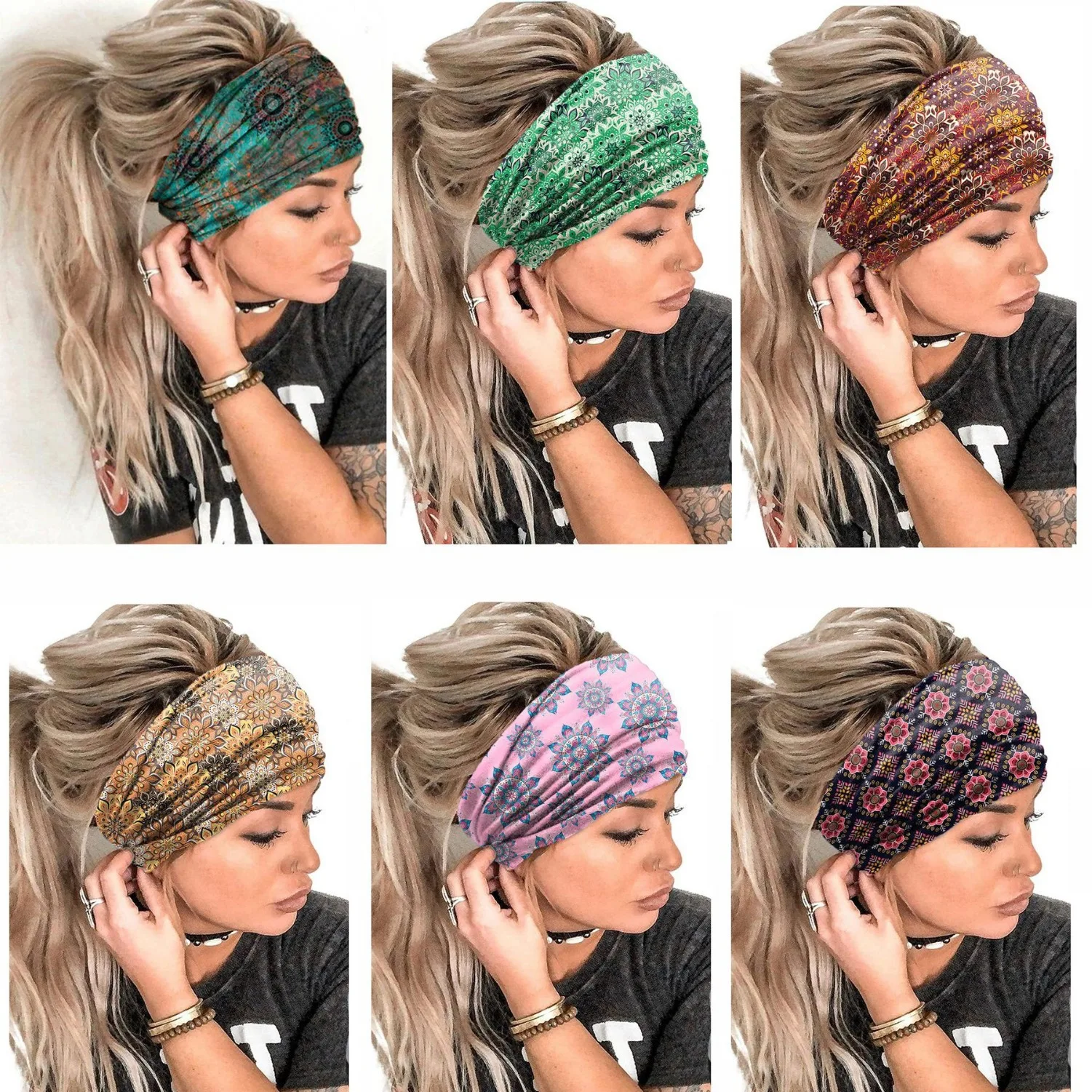 

Fashion Bohemian Flower Wide Headbands for Women Hairband Turban Yoga Workout Hair Accessories Head Bands Knotted Headwraps