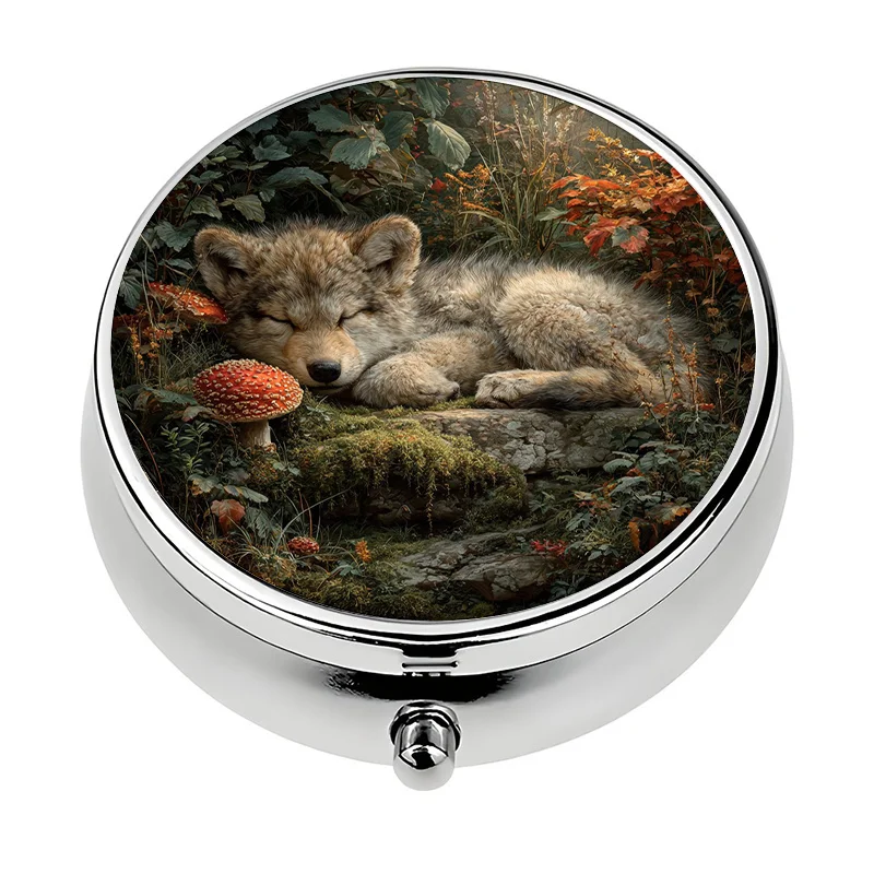 1 Medicine Box, 3-Compartment Sleeping Scene Featuring Timber Wolves, Mini Medicine Box, Medication Storage Box, Unique Gift for Travel
