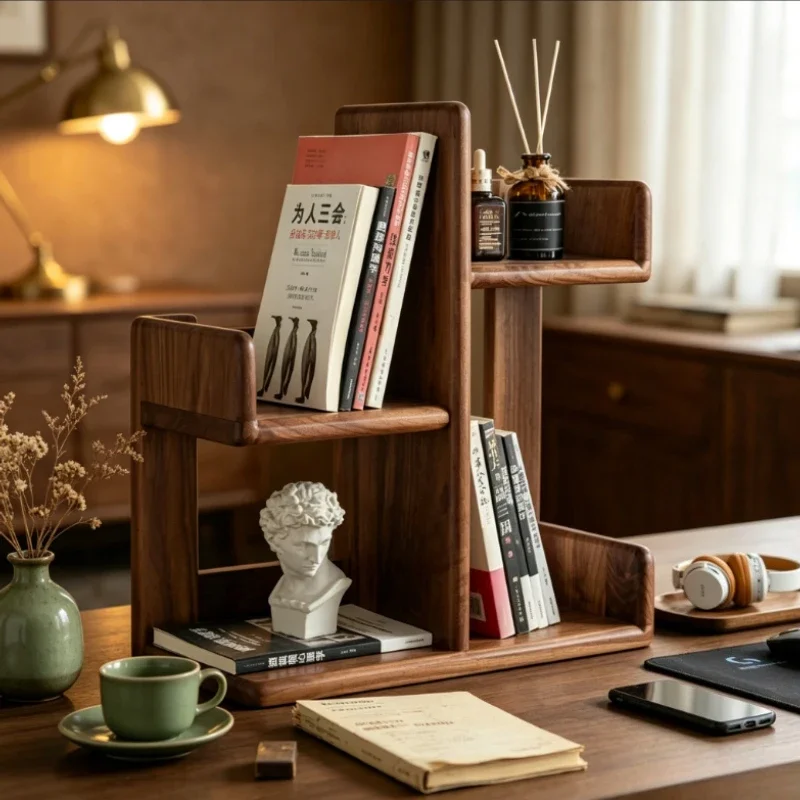 Nordic Solid Wood Desktop Bookshelf Black Walnut Office Organizer Minimalist Storage Rack for Books Compact Wooden Display Stand