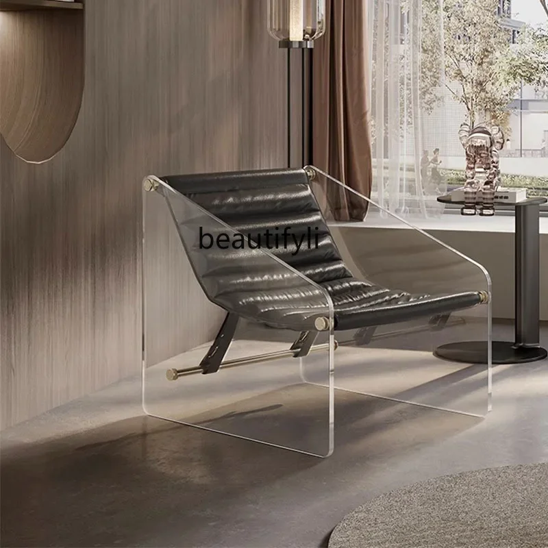 Italian Style Acrylic Floating Glass Lazy Recliner Single Seat Genuine Leather Light Luxury Leisure Chair