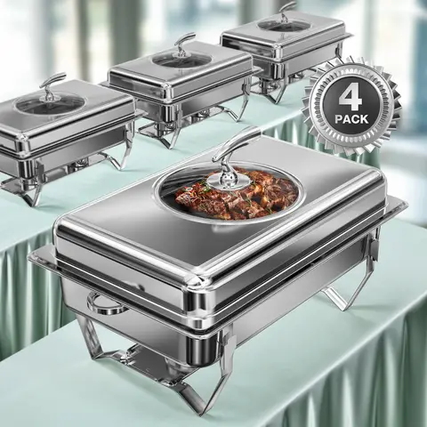 Warmounts 2/4-Pack Chafing Dishes Set 8QT/Foldable Glass Lid , Stainless Steel Food Warmer Set, Full Size Water Pan