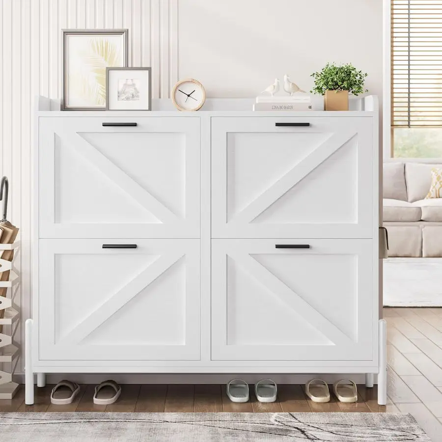 

Farmhouse Shoe Storage Cabinet with 4 Flip Drawers, Freestanding Shoe Organizer with Adjustable Shelf for Entryway, Customizable