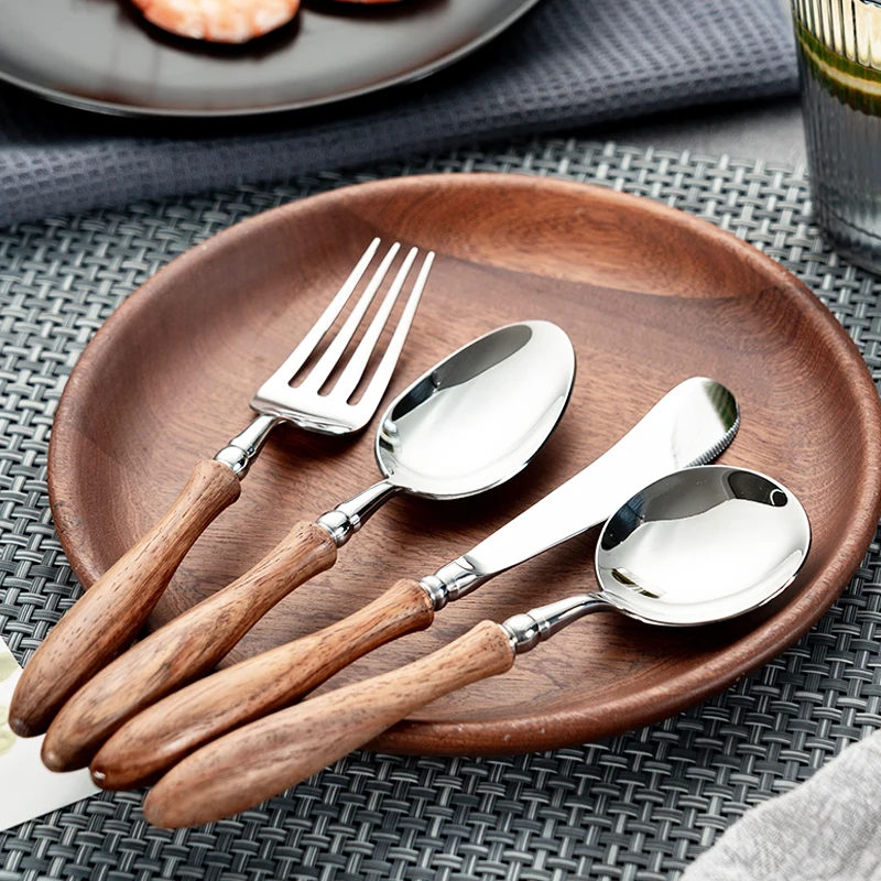 Wooden Handle Cutlery Set Stainless Steel Dinnerware Fork Knife Coffee Spoon Tableware Set Western Flatware Set Dishwasher Safe