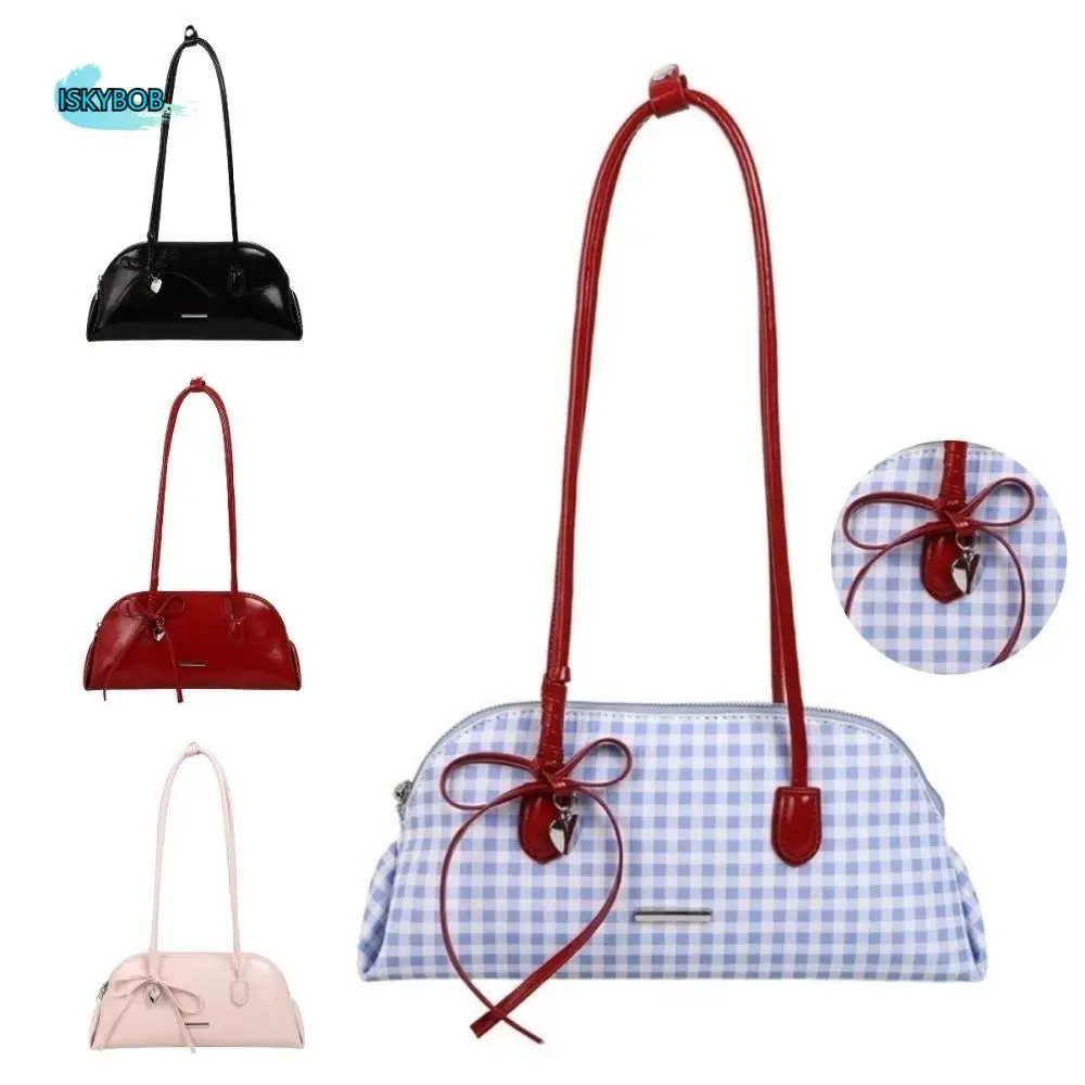 

Creative Korean Style Plaid Underarm Pack PU Leather Sweet Bowknot Boston Shoulder Bag Casual Solid Color Women Handbag Gift