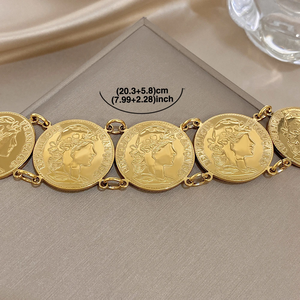 New Style Gold Plated Stainless Steel Vintage Double-Sided Engraved Zodiac Rooster Portrait Coin Bracelet Daily Wear Ideal Gift