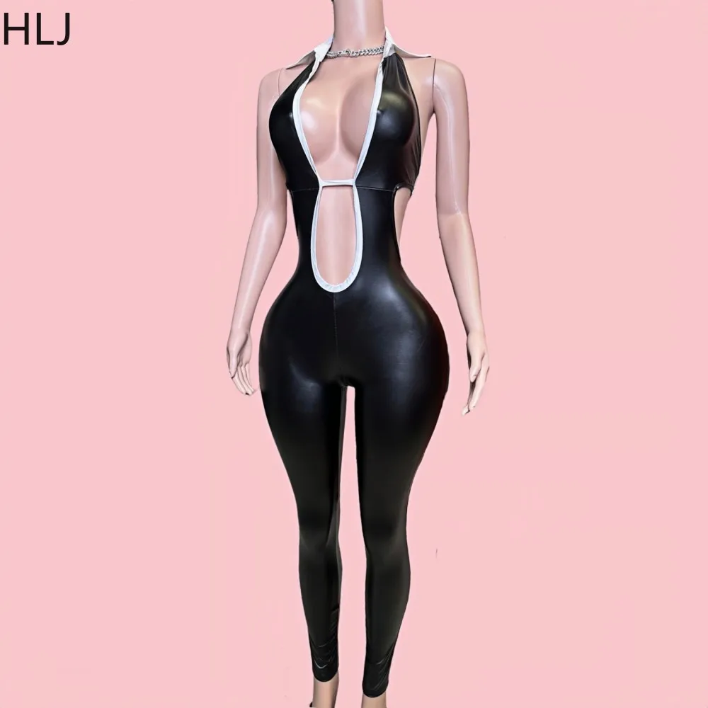 HLJ Black Sexy Hollow Bodycon Out Leather One Pieces Jumpsuits Women Halter Elasticity Slim Playsuits Fashion Bandage Overalls